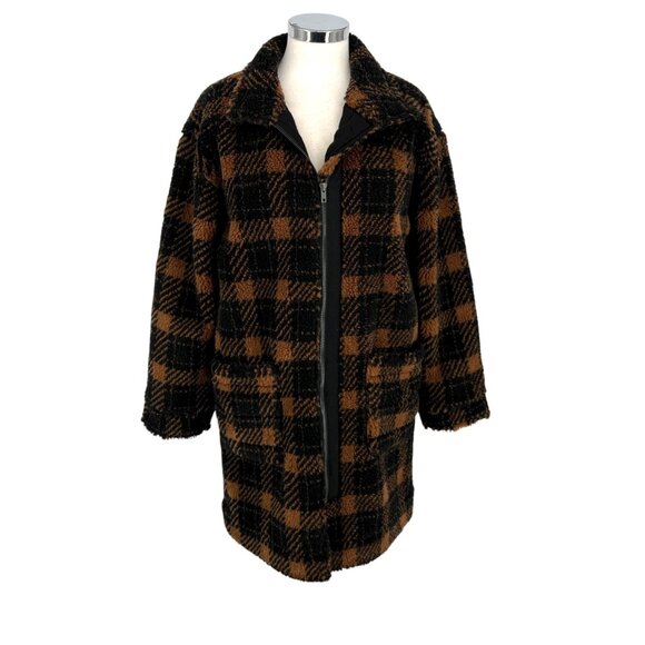Saltwater Luxe Plaid Faux Fur Coat Black Brown Cinnamon Size Small NWT - Picture 1 of 16